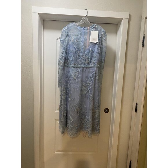 Mac Duggal Dress Womens 16 Blue Lace Sequin Embroidered Long Sleeve Midi 68020 - Picture 2 of 5